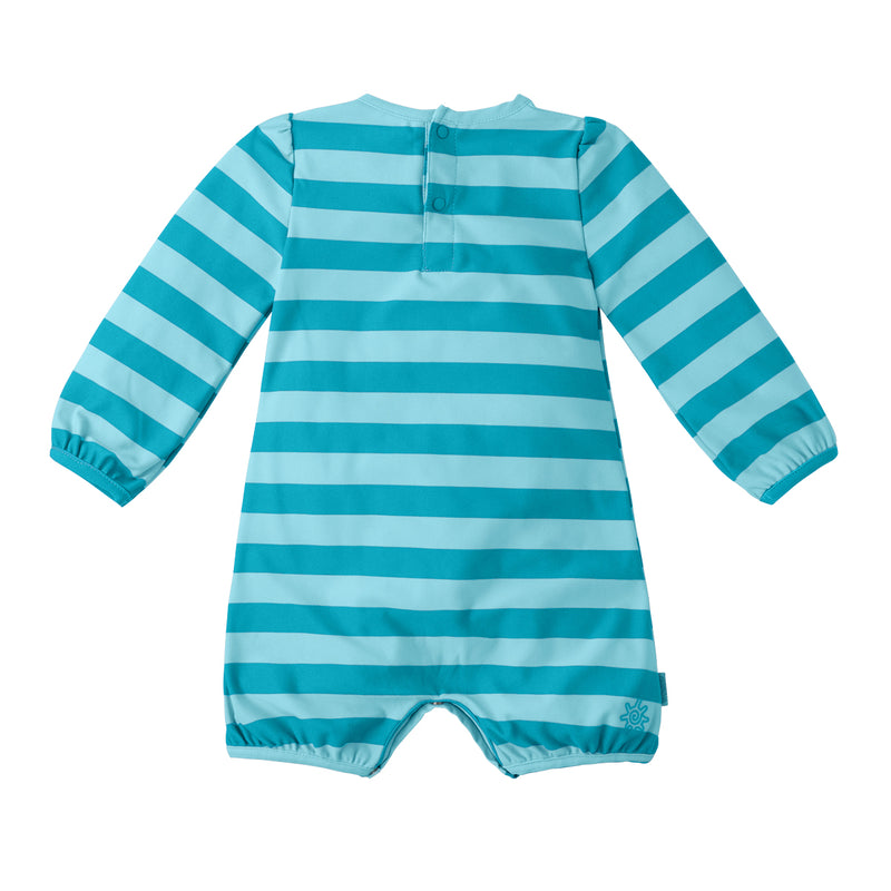 Back of the baby girl's one-piece swimsuit in aquamarine sun stripe|aquamarine-sun-stripe