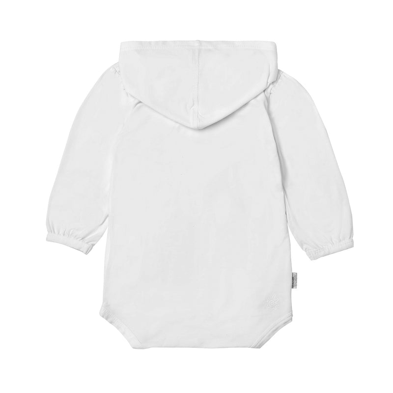 Back of the Baby Girl's Hooded Sunzie in White|white