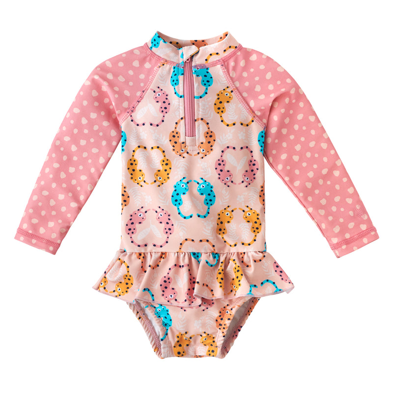 Baby Girl's Long Sleeve Ruffled Swimsuit in Pink Leopard Spots|pink-leopard-spots