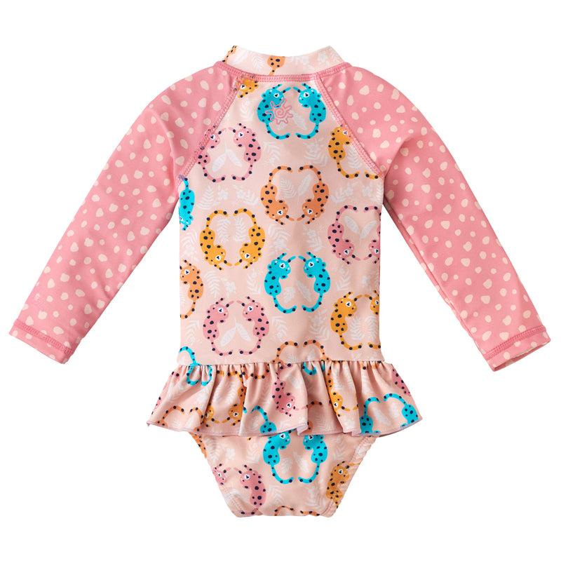 Back of the Baby Girl's Long Sleeve Ruffled Swimsuit in Pink Leopard Spots|pink-leopard-spots
