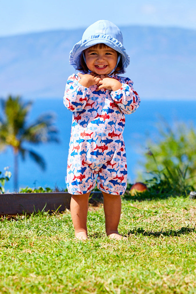 Baby Girl in UV Skinz's Baby Girl's Reversible Sun Hat  in Blue Mist|blue-mist