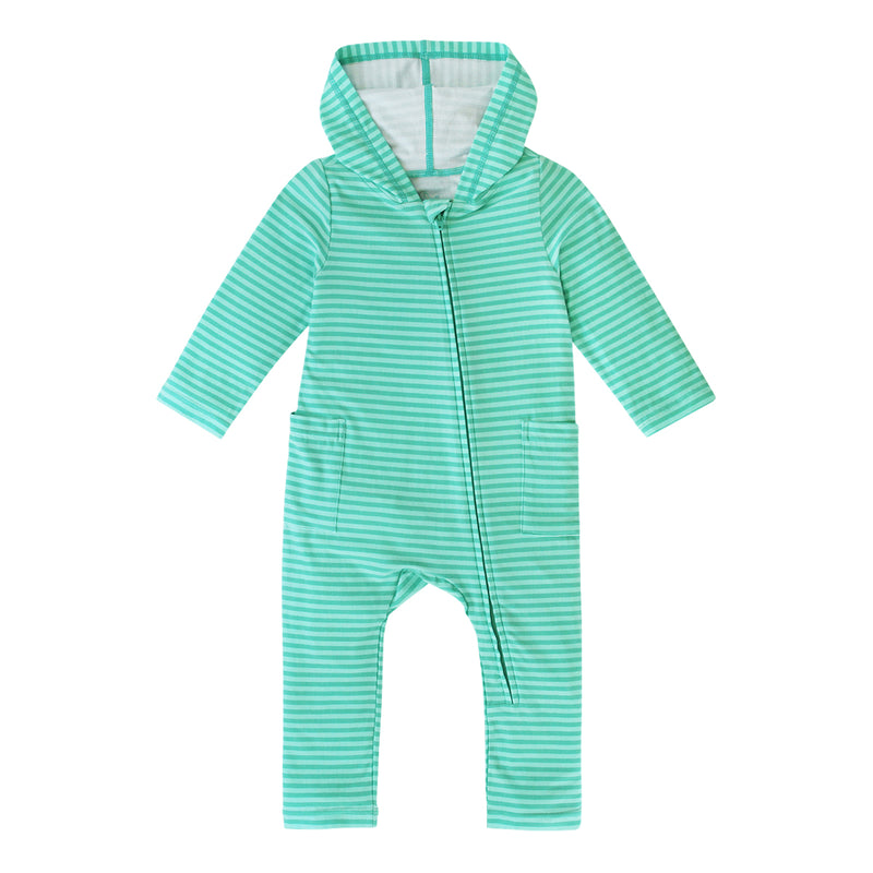 baby hooded everyday romper in blue water stripe|blue-water-stripe