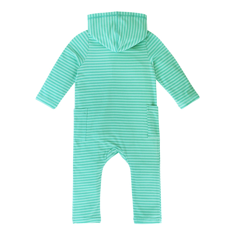 back of the baby hooded everyday romper in blue water stripe |blue-water-stripe