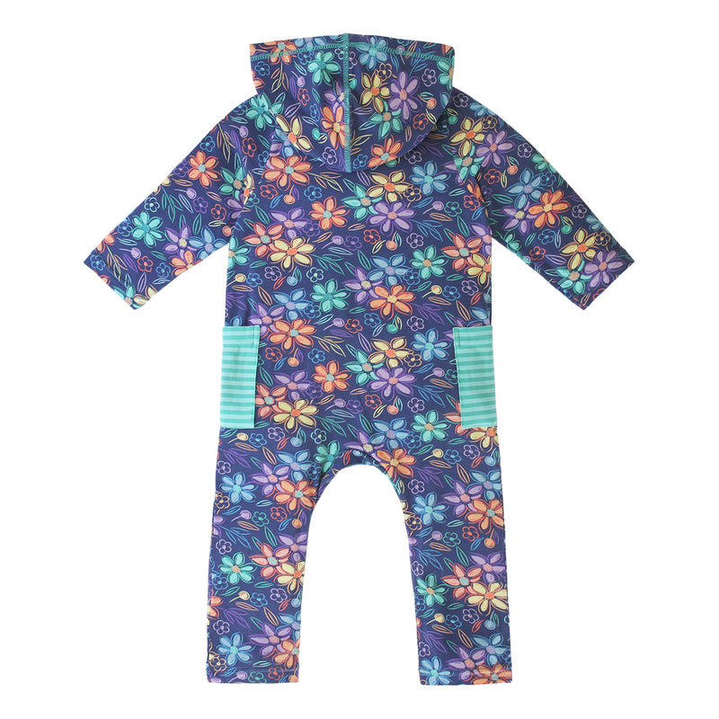 back of the baby hooded everyday romper in painted flowers|painted-flowers