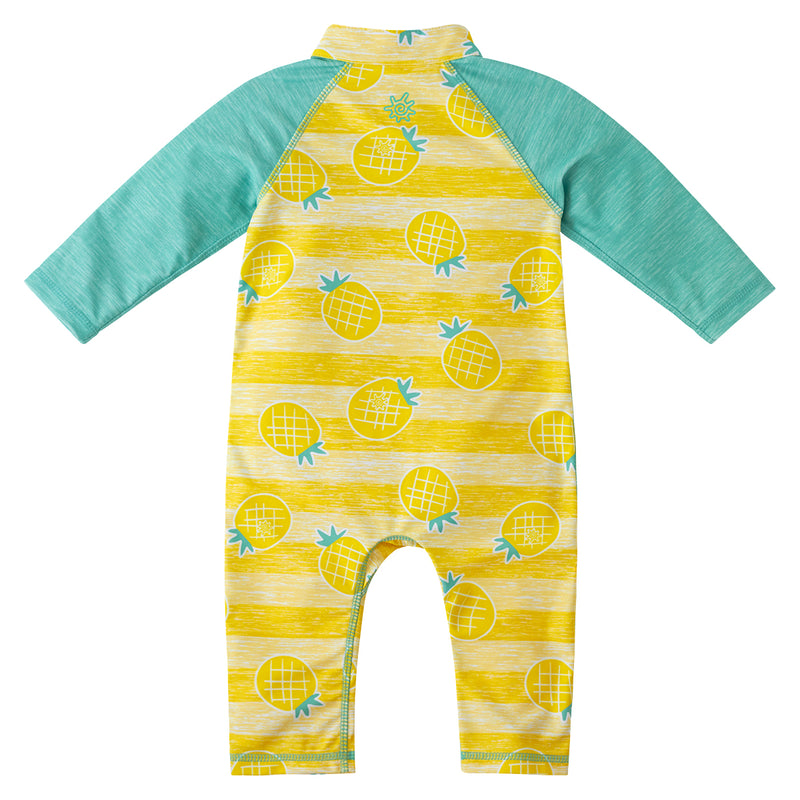 back of the baby boy's long-sleeve swimsuit in pineapple stripes|pineapple-stripes