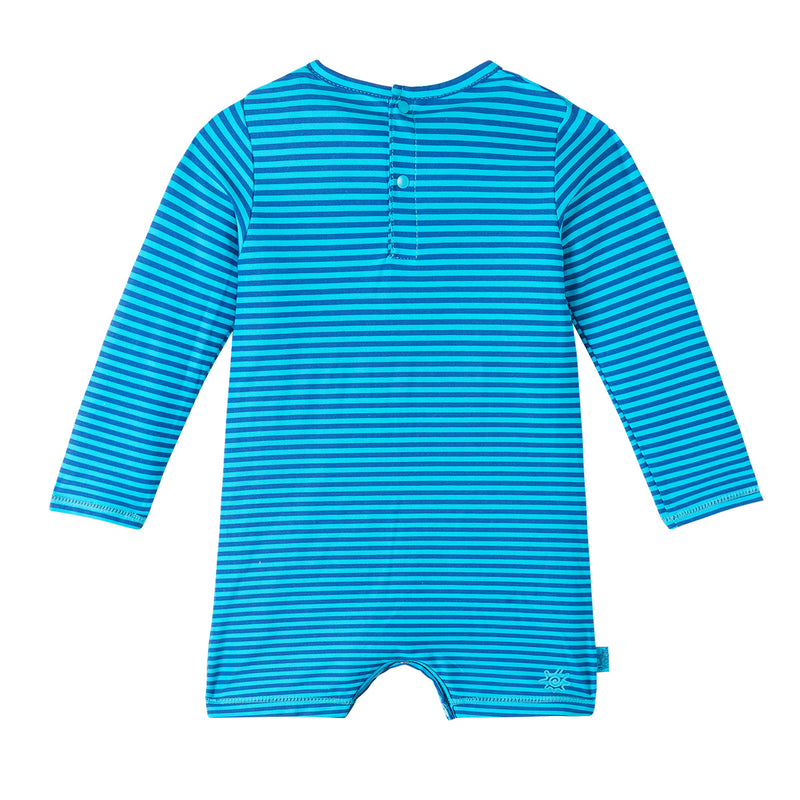 back of the baby boy's UV onesie in lime aqua shark|aqua-shark