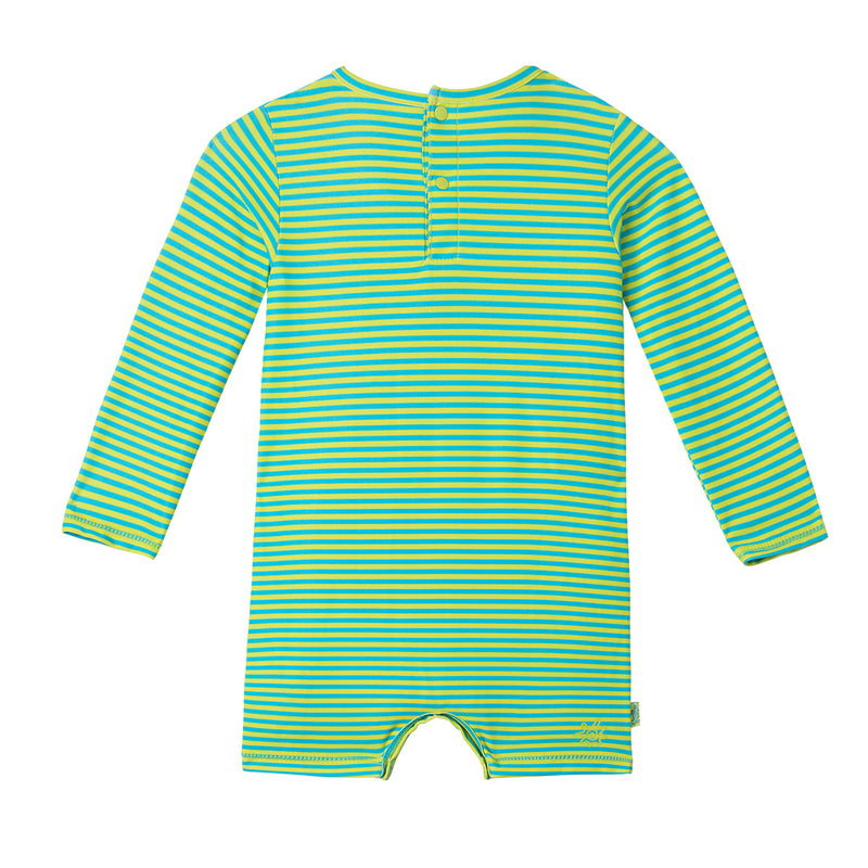 back of the baby boy's UV onesie in lime punch gator|lime-punch-gator
