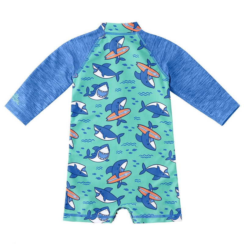 back of the baby boy's long-sleeeve swimsuit in surfing sharks|surfing-sharks