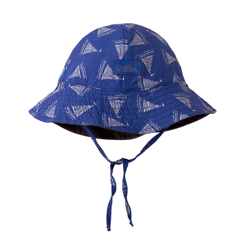 Baby Boy's Reversible Sun Hat in Washed Navy Sail Boat|washed-navy-sail-boat