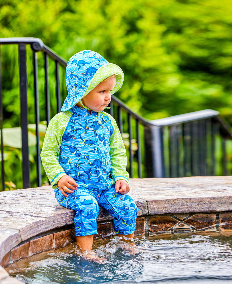 Young Baby Boy in Baby Boy's Reversible Sun Hat in Dino Pool Party|dino-pool-party