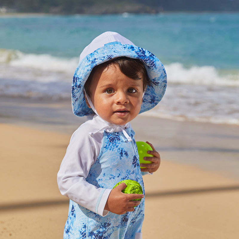 baby boy in UV Skinz's baby boy's sun hat in sea friends|sea-friends