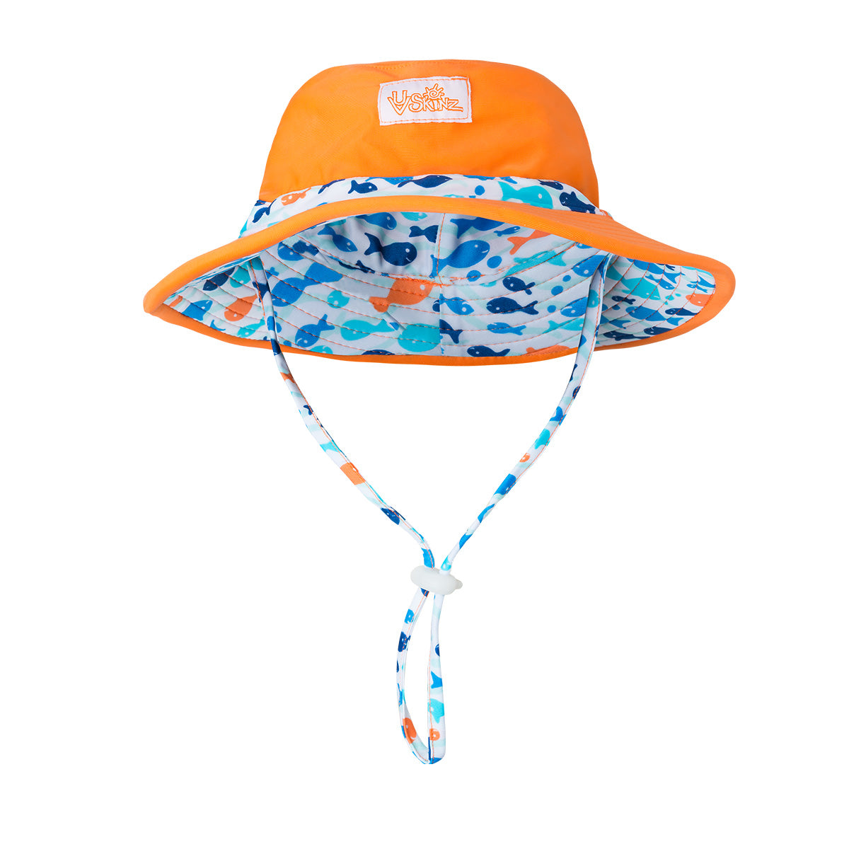 Close Up of Baby Boy's Swim Hat in Orange Happy Fish|orange-happy-fish