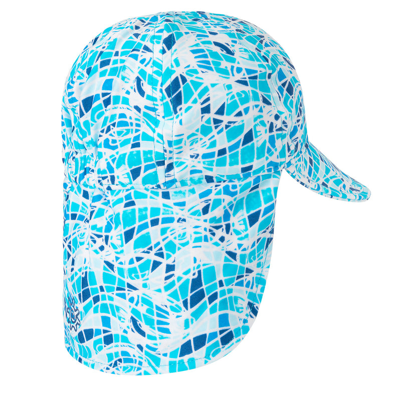 Back View of the Baby Boy's Swim Flap Hat in Navy Blue Fish Mosaic|navy-blue-fish-mosaic