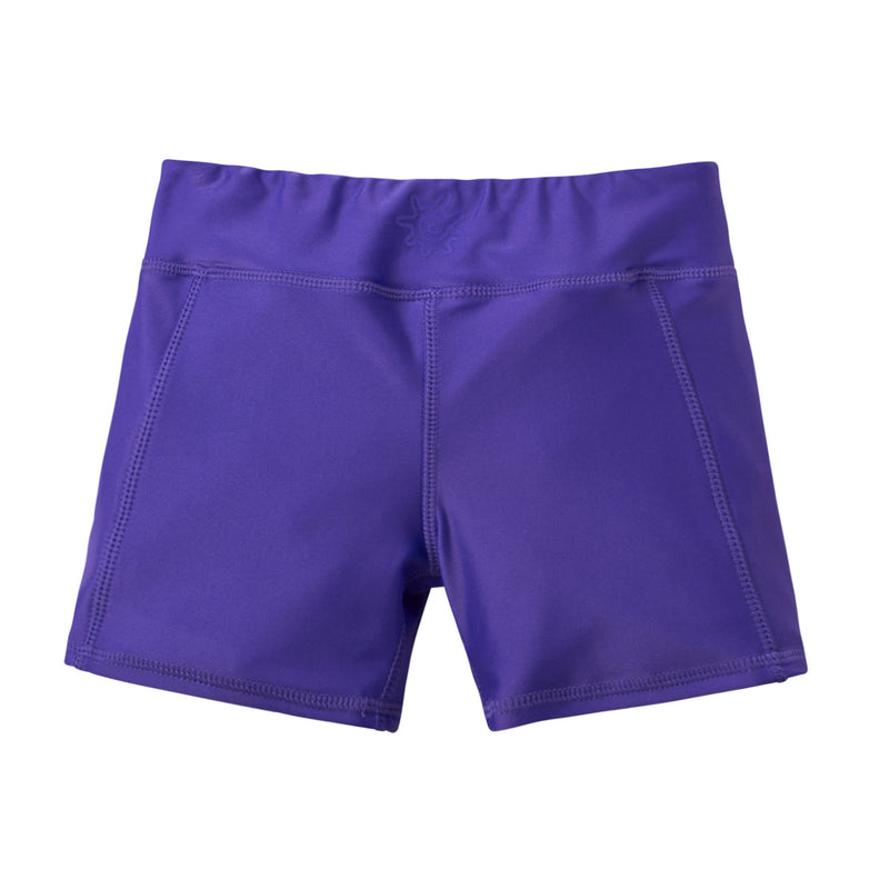 back of the girl's swim shorts in purple|purple
