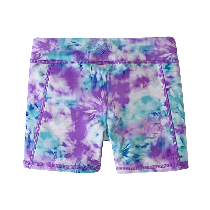 back of the girl's swim shorts in lilac tie dye|lilac-tie-dye