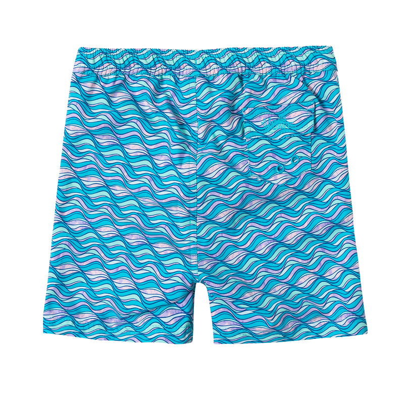 Back View of the Girl's Board Shorts in Aqua Waves|aqua-waves