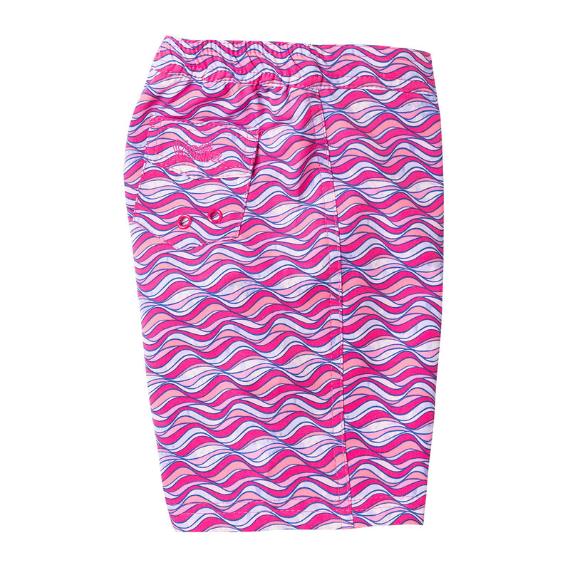 Side View of the Girl's Board Shorts in Pink Waves|pink-waves