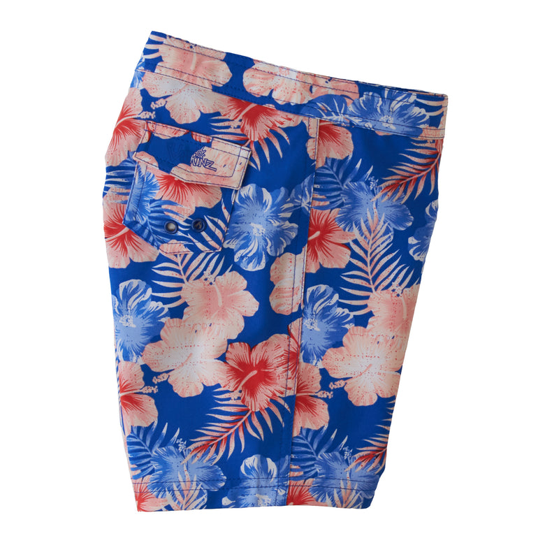 side view of the girls board shorts in americana flowers|americana-flowers