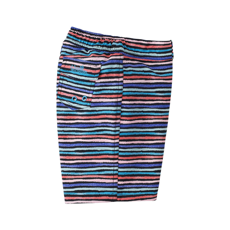 Side View of the Girl's Board Shorts in Black Rainbow Stripe|black-rainbow-stripe