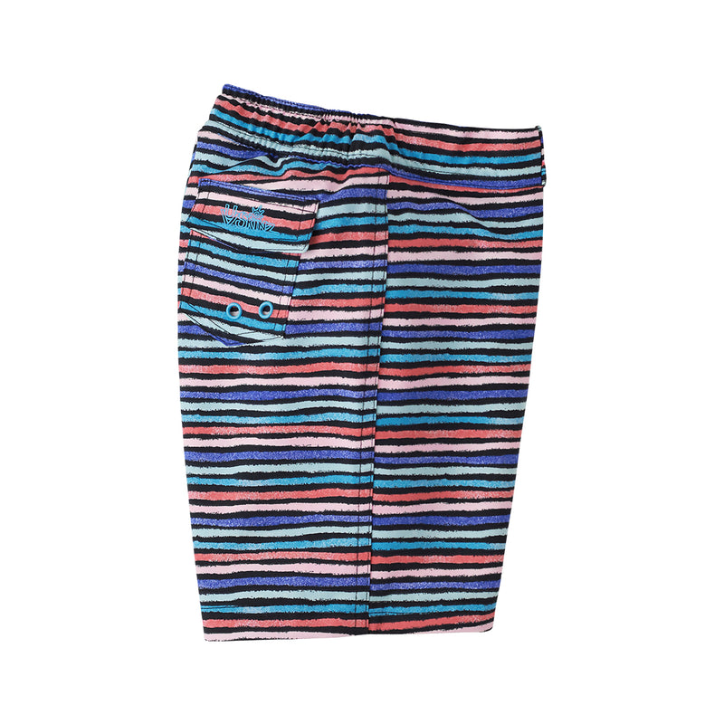 Side View of the Girl's Board Shorts in Black Rainbow Stripe|black-rainbow-stripe