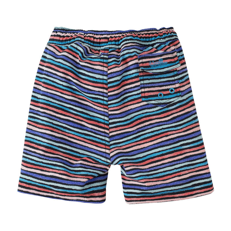 Back View of the Girl's Board Shorts in Black Rainbow Stripe|black-rainbow-stripe