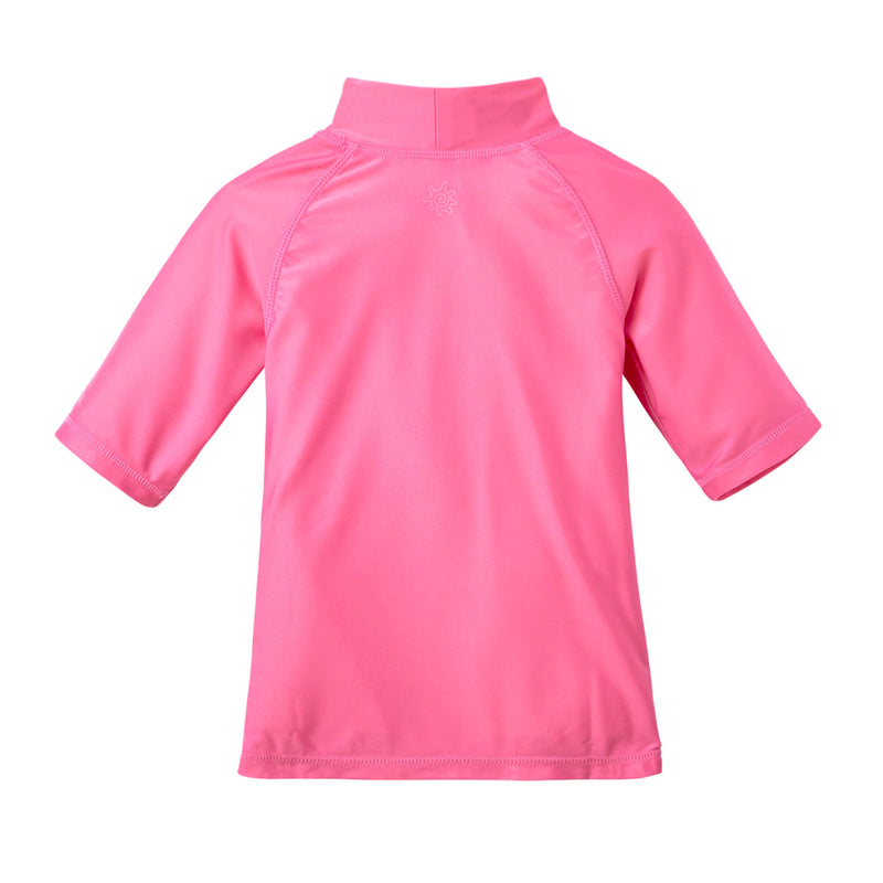 Back view of the kid's short sleeve swim shirt in bubblegum|bubblegum