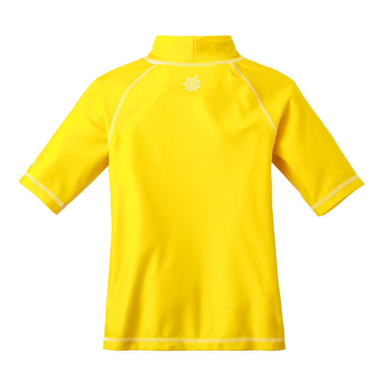 Back of the kid's short sleeve swim shirt in cyber yellow|cyber-yellow
