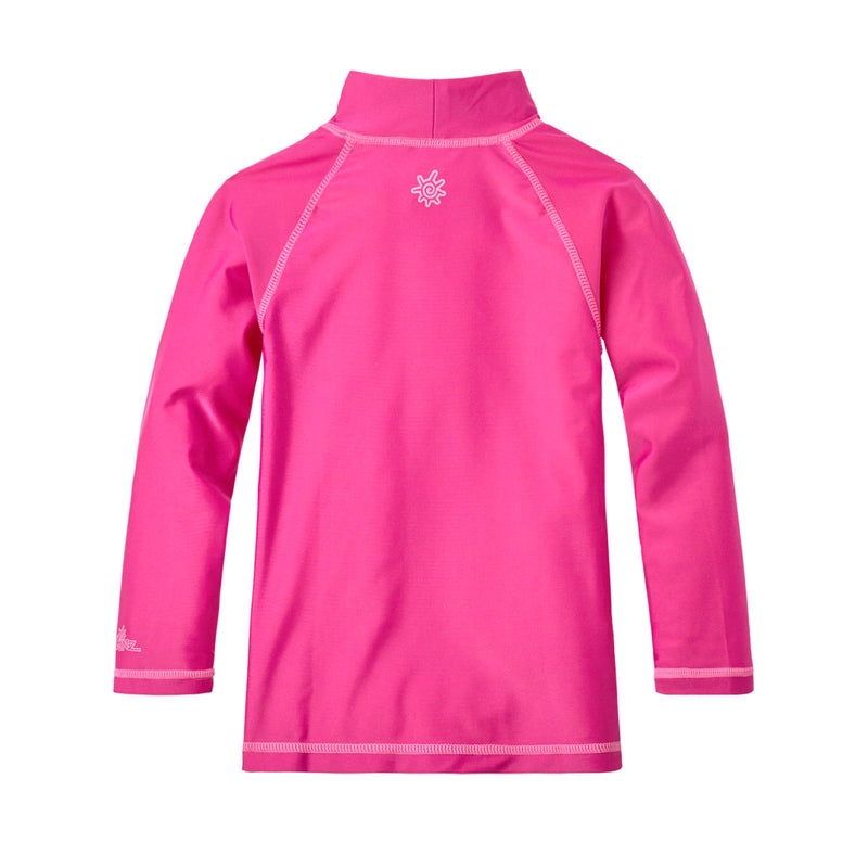 Back of the kid's long sleeve swim shirt in hot pink|hot-pink