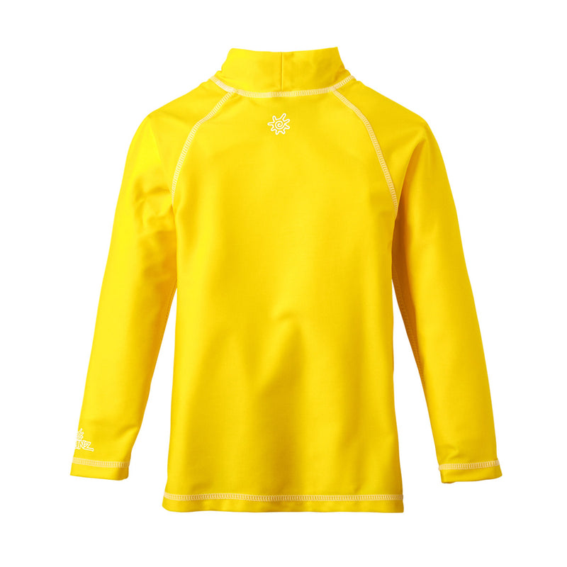 Back of the kid's long sleeve swim shirt in cyber yellow|cyber-yellow