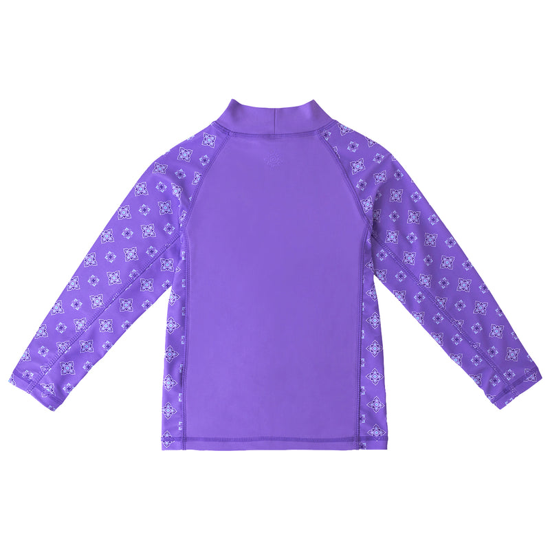 back of the girl's long sleeve UPF swim shirt in purple mini medallion|purple-mini-medallion