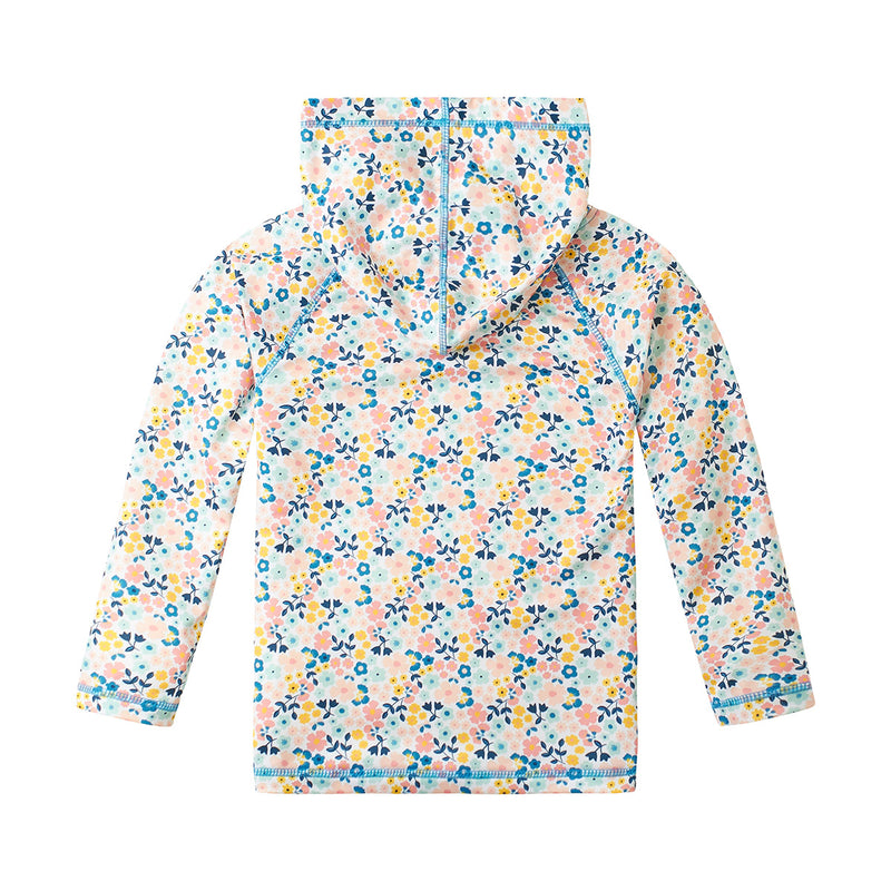 back of the girl's UPF pullover hoodie in beach glass floral|beach-glass-floral
