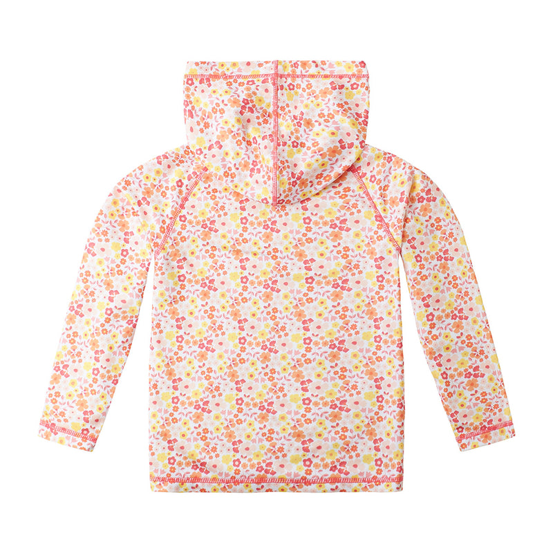 Back of the girl's UPF pullover hoodie in strawberry floral|strawberry-floral