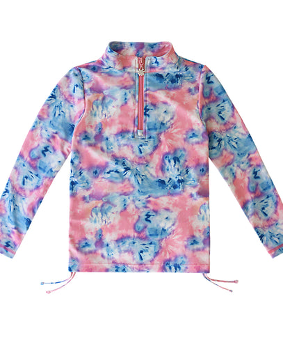 girl’s half zipped ruched swim shirt in light pink tie dye|light-pink-tie-dye