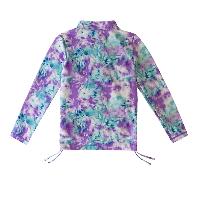 back of the girl’s half zipped ruched swim shirt in lilac tie dye|lilac-tie-dye