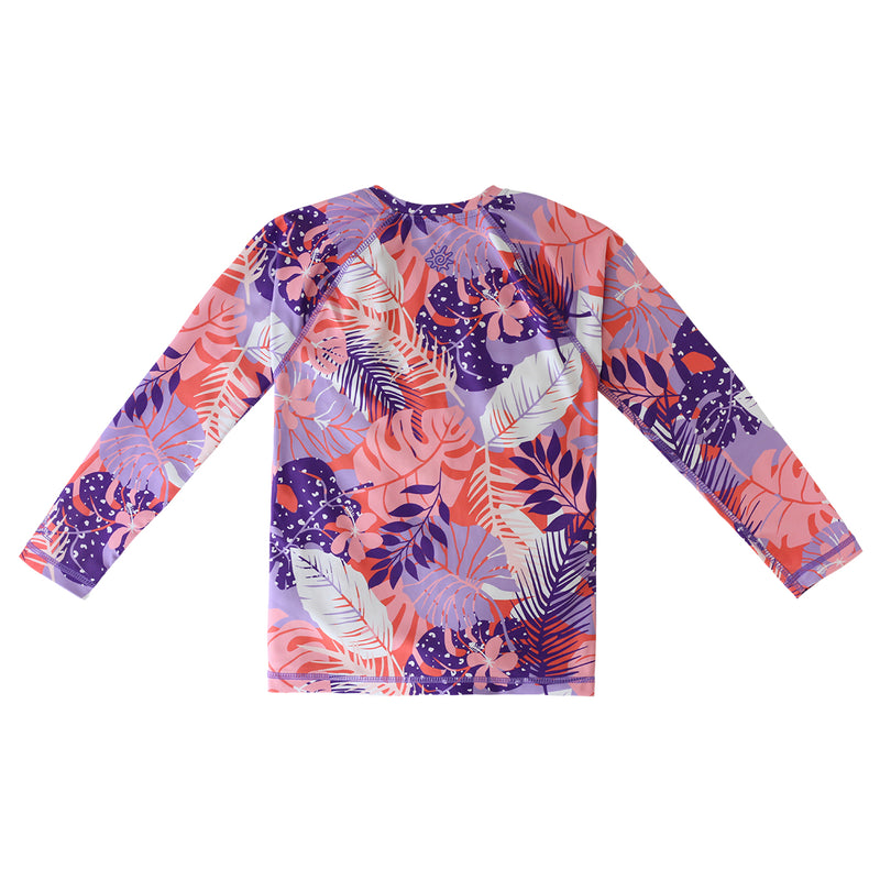 back of the UV Skinz's girls long sleeve rash guard in lilac tropical|lilac-tropical