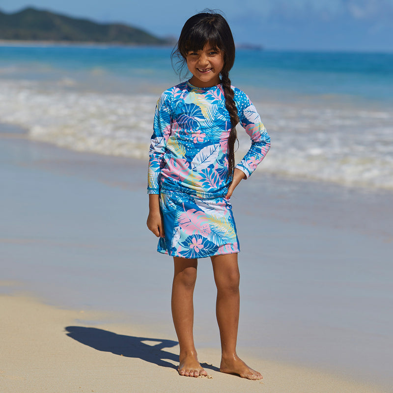Little girl in UV Skinz's rash guard|mykonos-tropical