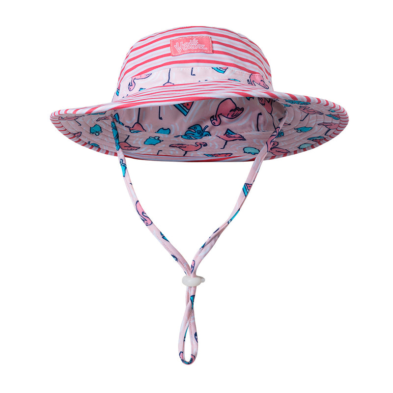 Close up of UV Skinz's girls swim hat in pink flamingo stripe|pink-flamingo-stripe