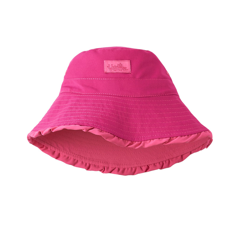reversed view of the girls bucket hat in red bubblegum hot pink|bubblegum-hot-pink