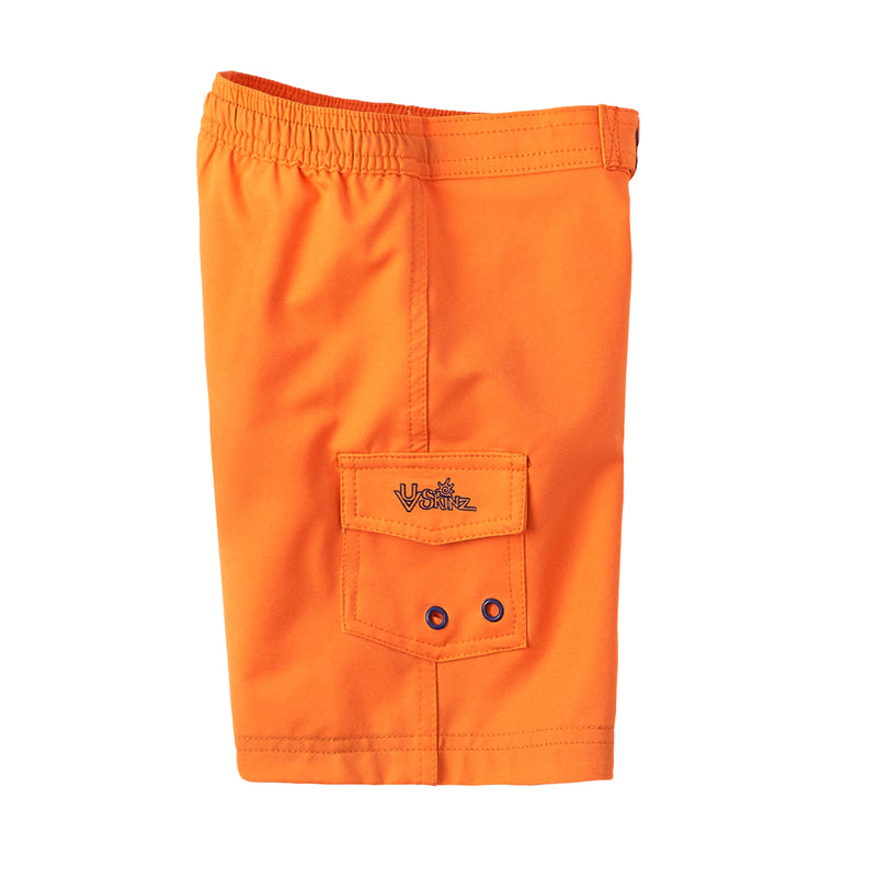 Side Pocket View of the Boy's Classic Board Shorts in Orange|orange