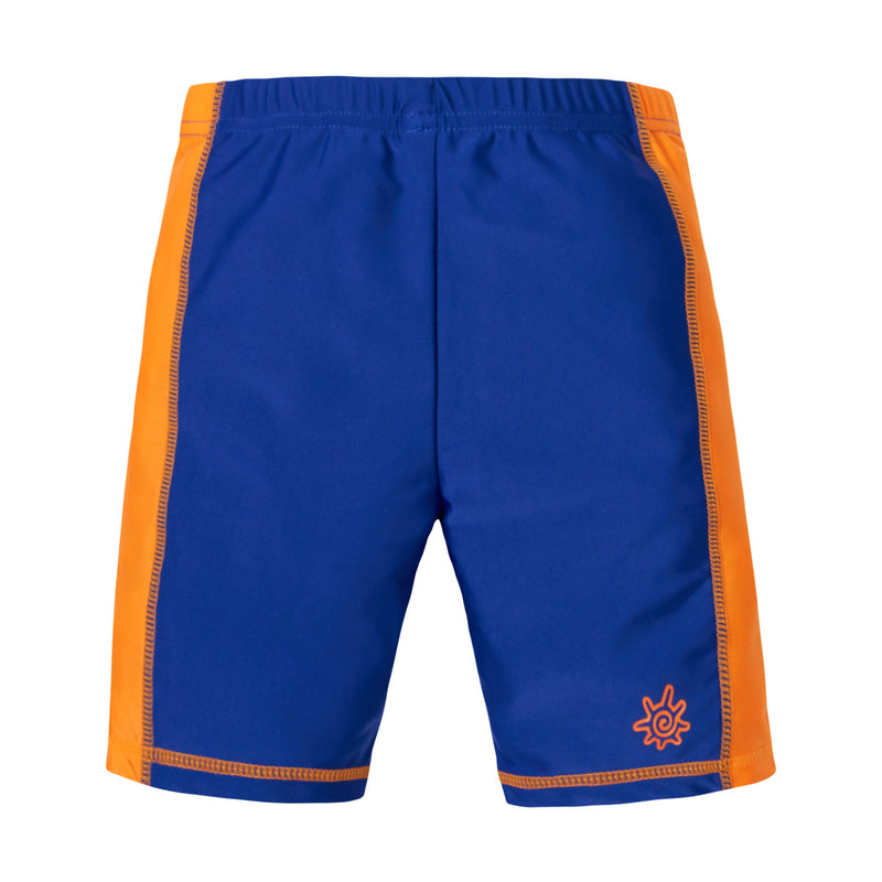 back of the boy's swim shorts in navy orange|navy-orange