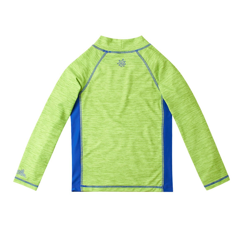 Back of UV Skinz's Boy's Long Sleeve Active Sun & Swim Shirt in Electric Green Jaspe|electric-green-jaspe