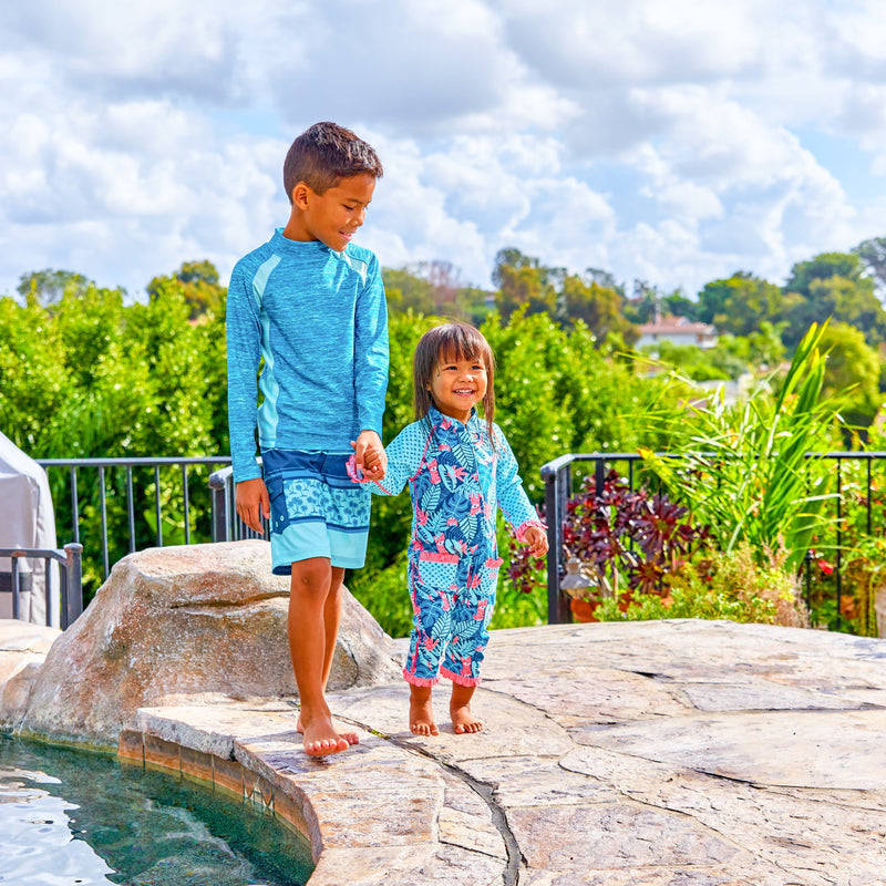 Boy with Sister at the Pool in UV Skinz's Boy's Long Sleeve Active Sun & Swim Shirt|electric-green-jaspe