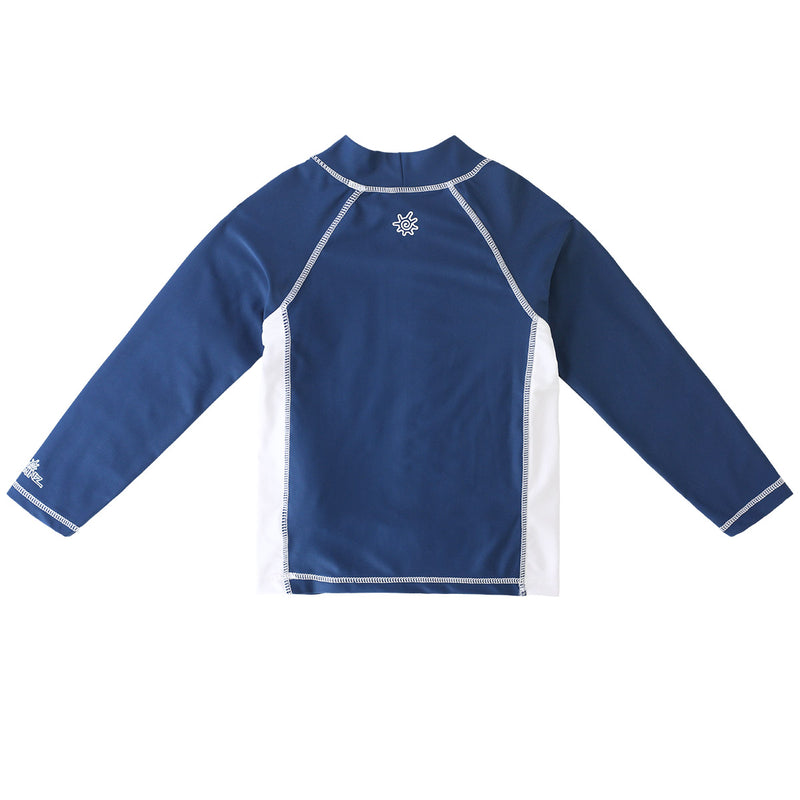 Back of the boy's long sleeve active swim shirt in midnight ombre wave|midnight-ombre-wave