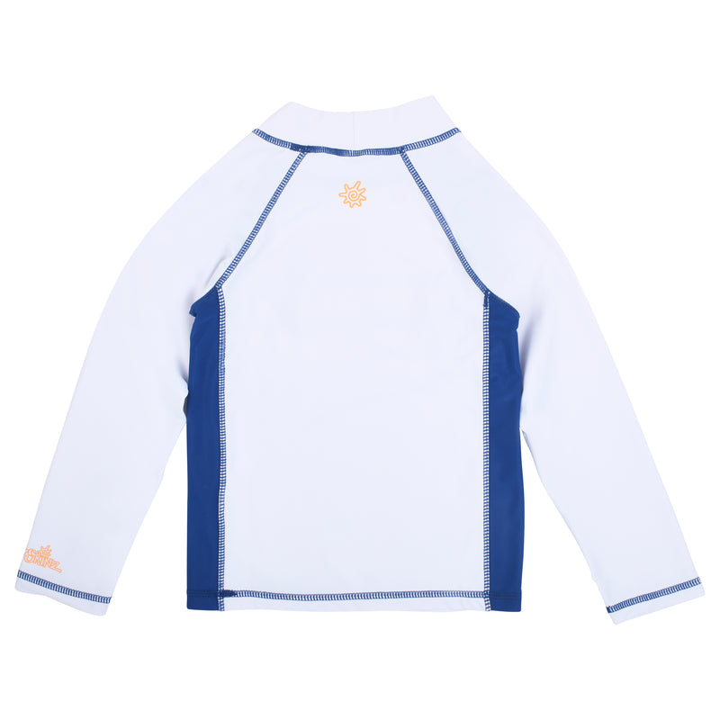 Back of the boy's long sleeve active swim shirt in white octopus stripe|white-octopus-stripe