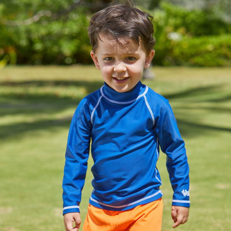 Little boy in the kid's long sleeve swim shirt in navy|navy