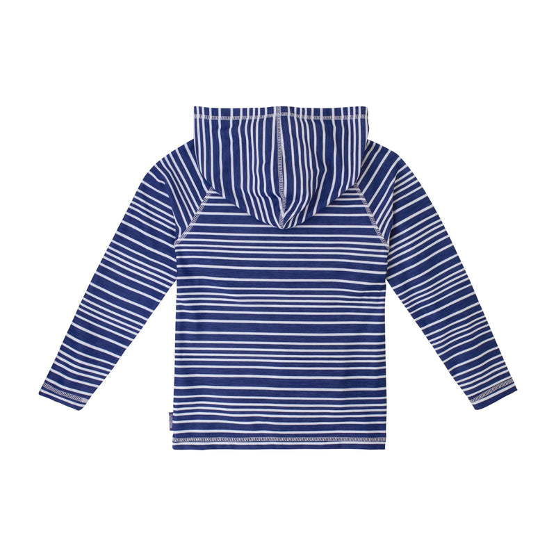 Back of UV Skinz's Boy's UPF Pullover Hoodie in Washed Navy Stripe|washed-navy-stripe