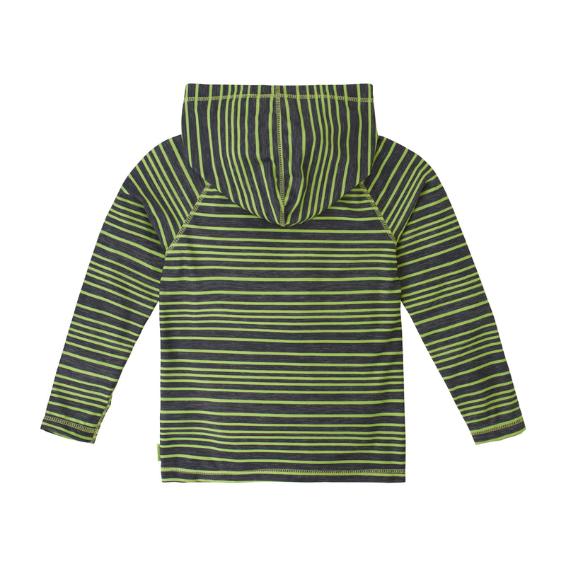 Back of UV Skinz's Boy's UPF Pullover Hoodie in Electric Green Stripe|electric-green-stripe