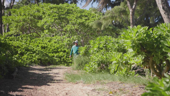 Man walking on the beach in UV Skinz's board shorts