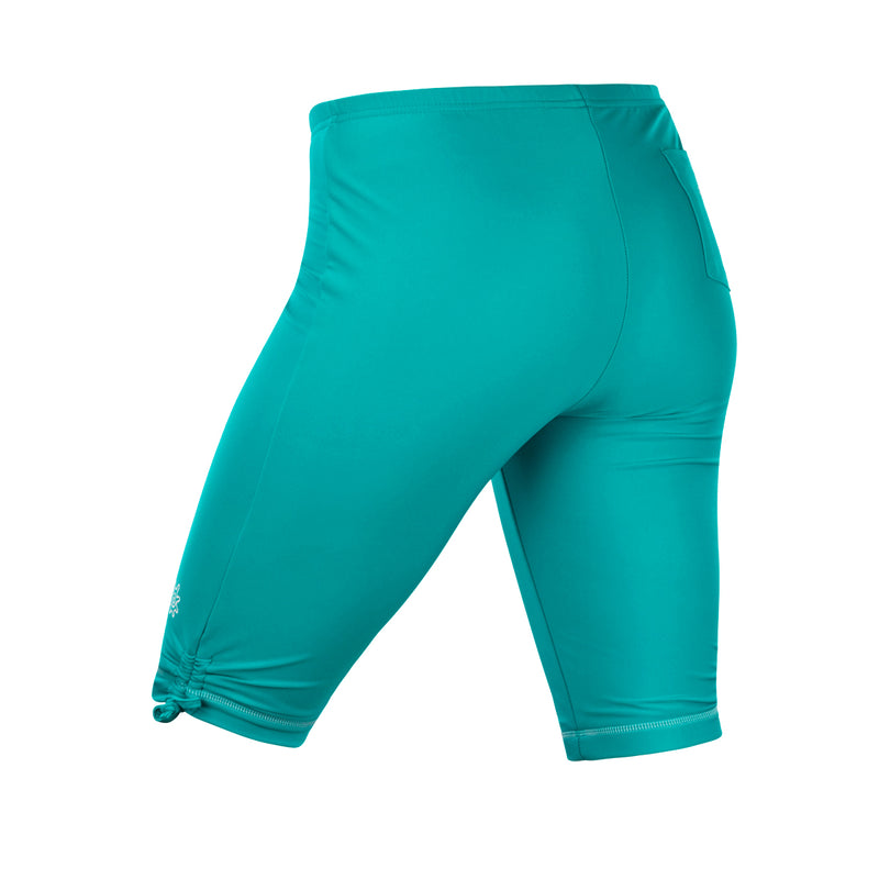 back view of the women's long swim shorts in teal|teal