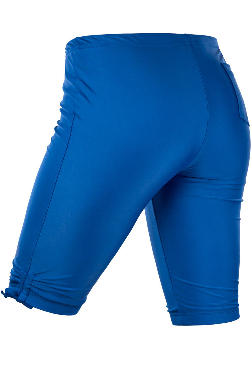 back view of the women's long swim shorts in navy blue|navy-blue